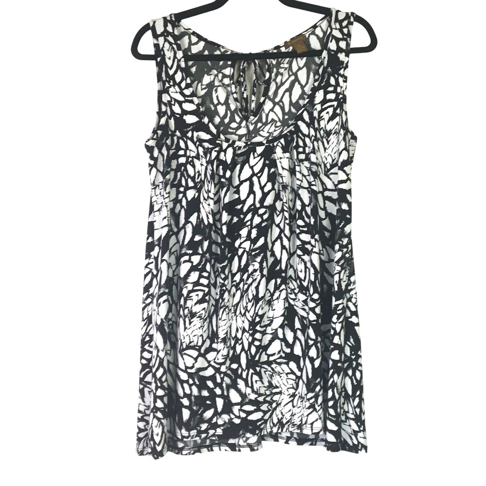Copper Key Abstract Leaf Print Keyhole Back Sleeveless Top XL Jr Black White‎